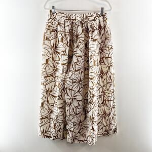 Magaschoni Linen Floral Pull On High Waisted Cropped Wide Leg Pants Brown Large